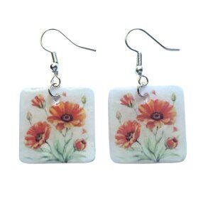 Square Resin Dangle Earrings, Multicolor Fall Flowers Design, Hypoallergenic